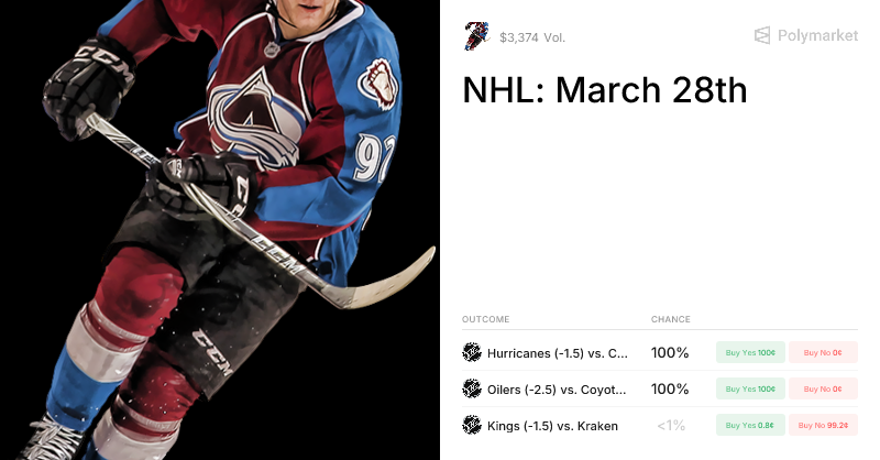 NHL: March 28th ベットオッズと予測 | Polymarket